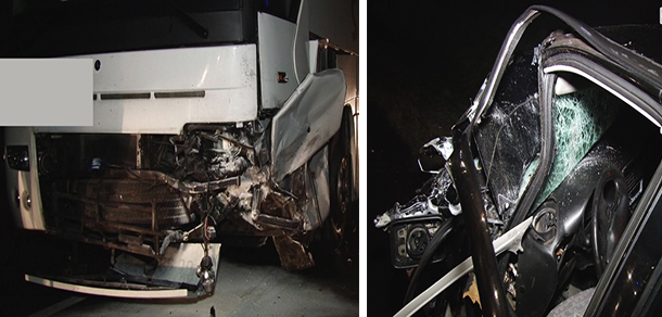 Czołowe zderzenie autokaru z osobówką