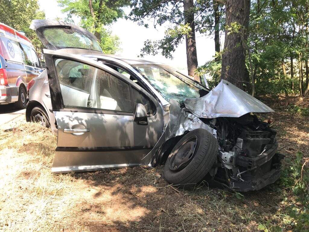 Pękła opona, wjechała w drzewo